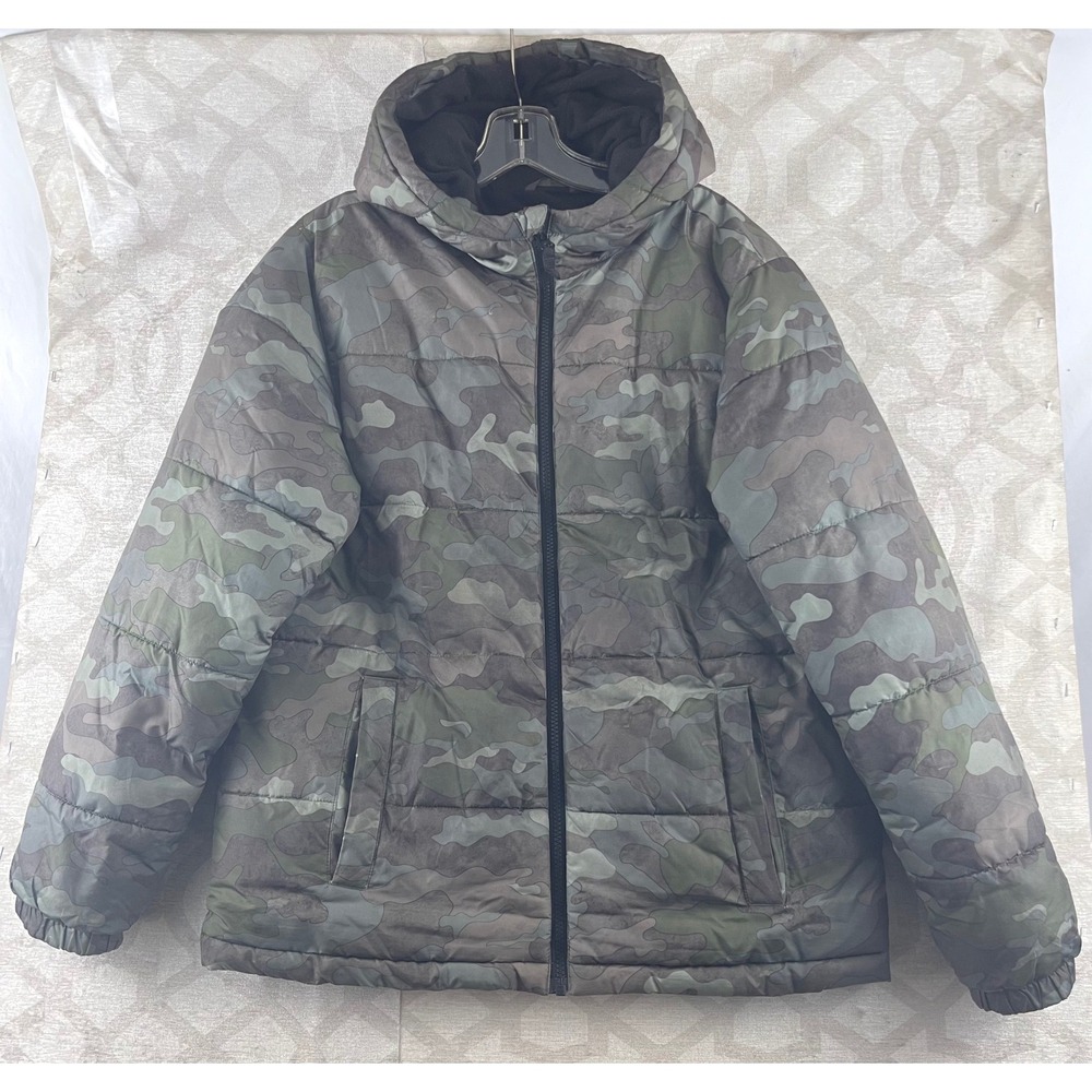 Swiss Tech Kids Camo Puffer Jacket XL 14-16 Green Grey Hooded Insulated Coat